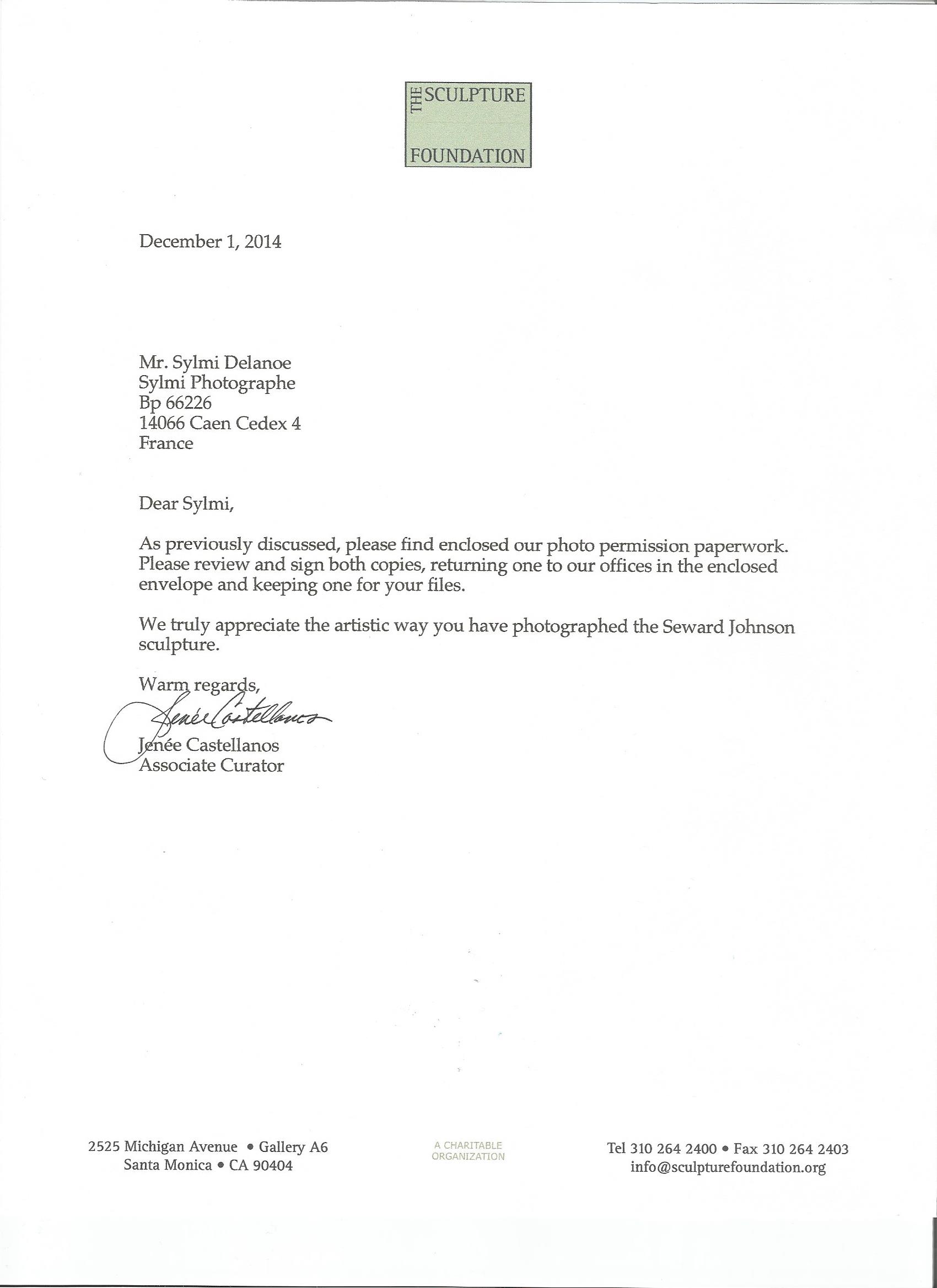 Lettre officielle de The Sculpture Foundation, décembre 2014