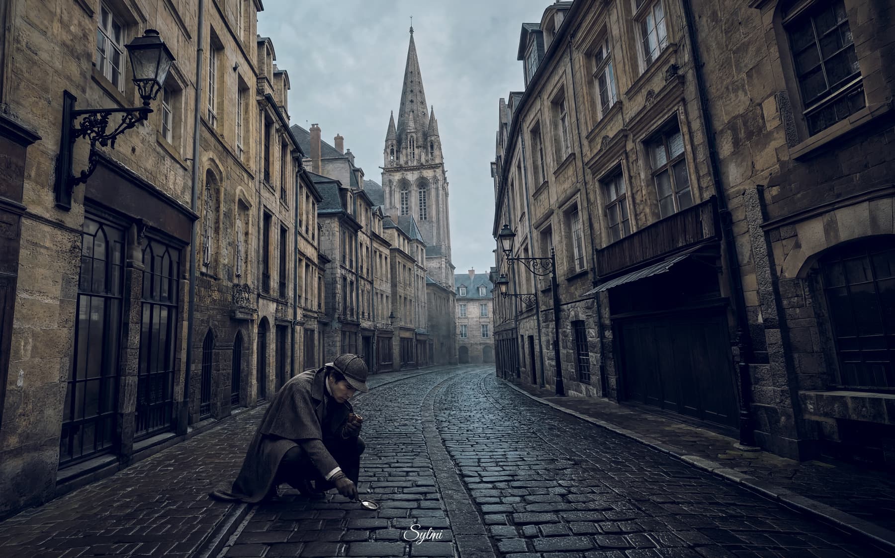 Sherlock Holmes enquêtant rue Froide sous les becs de gaz dans la brume, Caen 1888, tirage Fine Art Sylmi