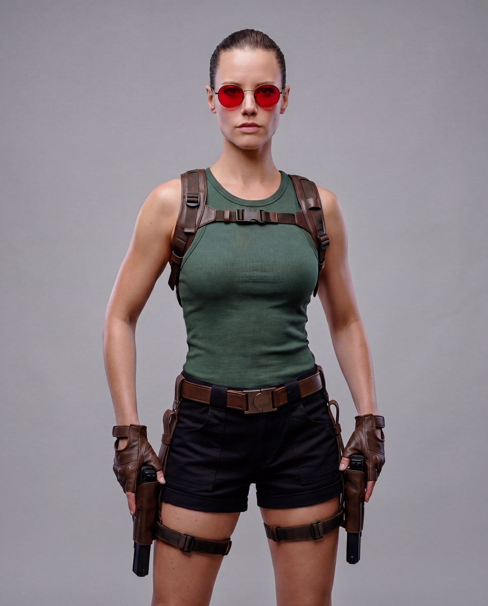 Pose frontale, lunettes rouges